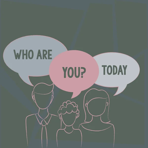 Text sign showing Who Are You question. Conceptual photo asking about demonstrating identity or demonstratingal information Family of One Child Between Father and Mother and Their Own Speech Bubble. — Stockfoto