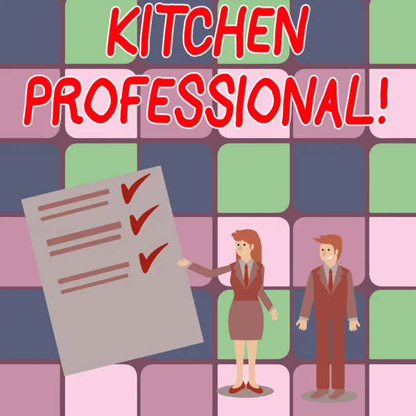 Word writing text Kitchen Professional. Business concept for equipped to satisfy the needs of a professional chef Man and Woman in Business Suit Presenting Report of Check and Lines on Paper. — ストック写真