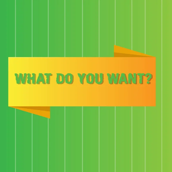 Word writing text What Do You Want Question. Business concept for say or write in order to ask demonstrating about something Blank Folded Color Banner photo on Vertically Striped Two Toned Backdrop.