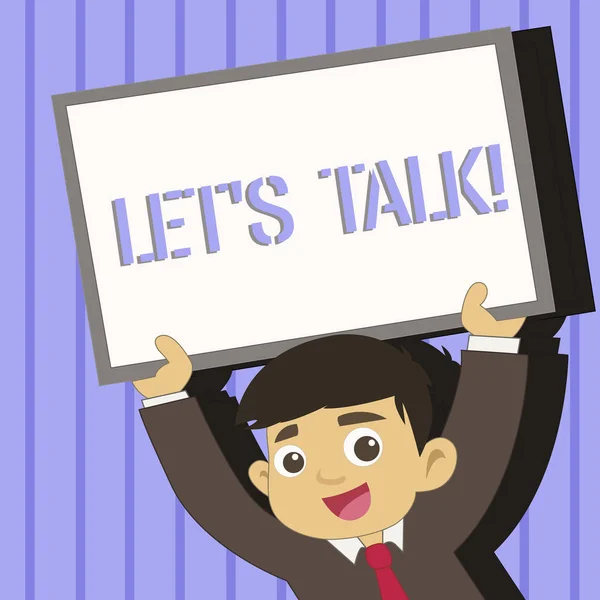 Word writing text Let S Talk. Business concept for they are suggesting beginning conversation on specific topic Young Smiling Student Raising Upward Blank Framed Whiteboard Above his Head. — 스톡 사진