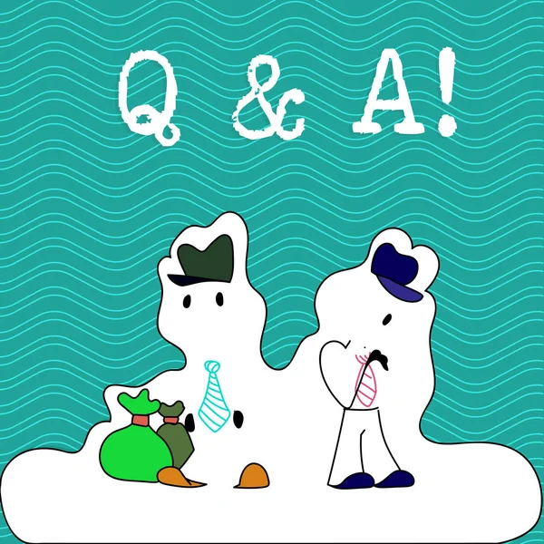 Word writing text Q And A. Business concept for defined as questions being asked and answers Figure of Two Men Standing with Pouch Bag on White Sticker Style Snow Effect.