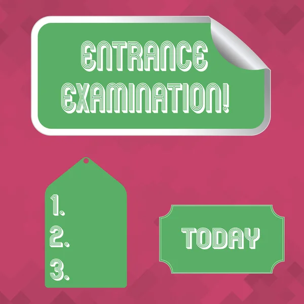 Word writing text Entrance Examination. Business concept for an exam that you take to be accepted into a school Blank Color Label, Self Adhesive Sticker with Border, Bended Corner and Tag. — 스톡 사진