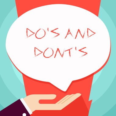 Do S Ve Dont S Is. İş fotoğraf gösteren kavramsal el yazma Supine pozisyonda Bazı faaliyet Palm Up ile ilgili tavsiye Kuralları veya gümrük vitrine Bağış El İşareti Konuşma Balonu.