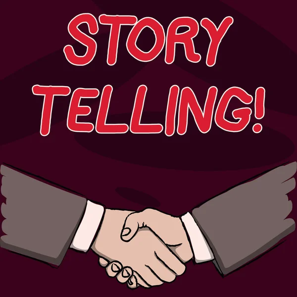 Znak tekstowy przedstawiający Storytelling. Koncepcyjny działalność fotografia pisanie historie do publikowania ich do publicznych biznesmenów drżenie rąk mocno jako gest forma pozdrowienia i umowy. — Zdjęcie stockowe