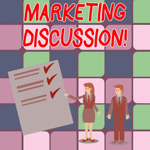 Word writing text Marketing Discussion. Business concept for deliberation by company to promote the buying Man and Woman in Business Suit Presenting Report of Check and Lines on Paper. — ストック写真