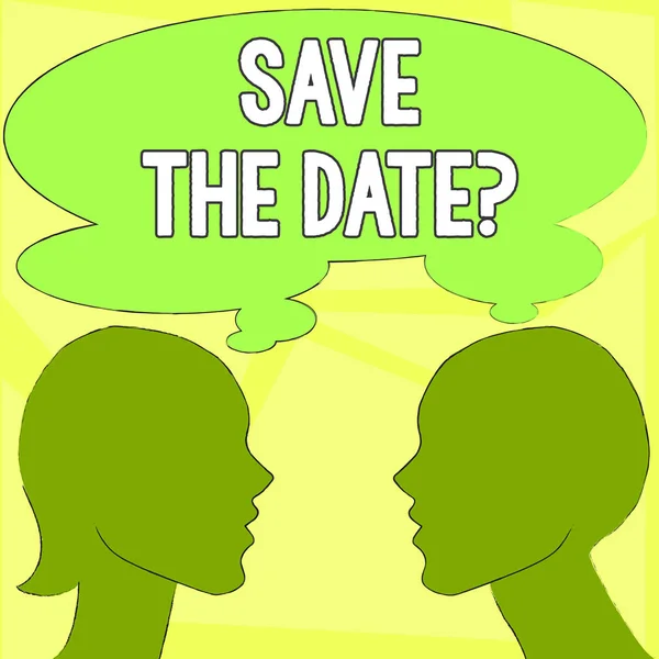Handwriting text writing Save The Date question. Concept meaning asking someone to remember specific day or time Silhouette Sideview Profile Image of Man and Woman with Shared Thought Bubble. — Stock Photo, Image
