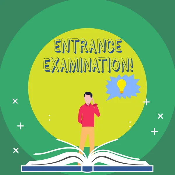 Word writing text Entrance Examination. Business concept for an exam that you take to be accepted into a school Man Standing Behind Open Book, Hand on Head, Jagged Speech Bubble with Bulb. — 스톡 사진