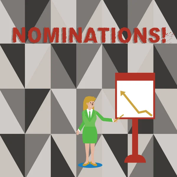 显示提名的概念手写。 获提名或被提名获奖者的商业照片文字动作女性持棒指向白板上的箭头图. — 图库照片