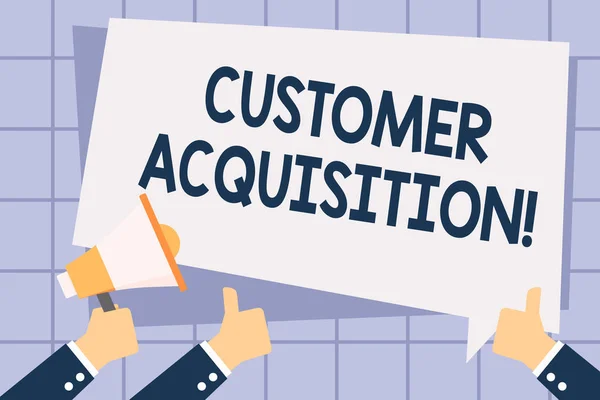 Writing note showing Customer Acquisition. Business photo showcasing persuading a consumer to purchase a company s is goods Hand Holding Megaphone and Gesturing Thumbs Up Text Balloon.