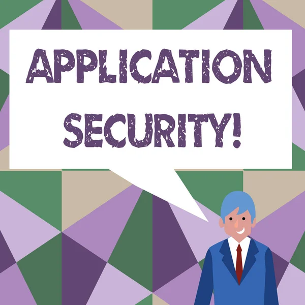 Writing note showing Application Security. Business photo showcasing methods to protect applications from external threats Businessman Smiling and Talking Blank Color Speech Bubble.