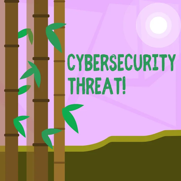 Ordskrivning text Cybersecurity Threat. Affärsidé för potential att orsaka allvarlig skada på ett datorsystem Färgglada uppsättningar av bladliknande bambu på vänster sida och månen eller solen med rundstrålande. — Stockfoto