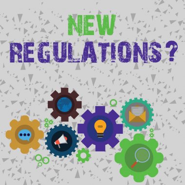 Kelime yazma metni Yeni Yönetmelik sorusu. Hükümetin bir şeyi kontrol etme şeklini sağlayan iş konsepti Küresel Çevrimiçi Sosyal Ağ Simgeleri Renkli Çarklı Çarklar İçinde