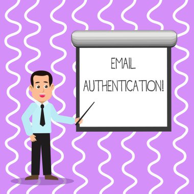 E-posta Kimlik Doğrulamasını gösteren kavramsal el yazısı. Duvarda Beyaz Ekran'ı Gösteren KravatLı Adam e-postasının zararlı veya hileli kullanımlarını engellemek için kullanılan iş fotoğrafı metni.