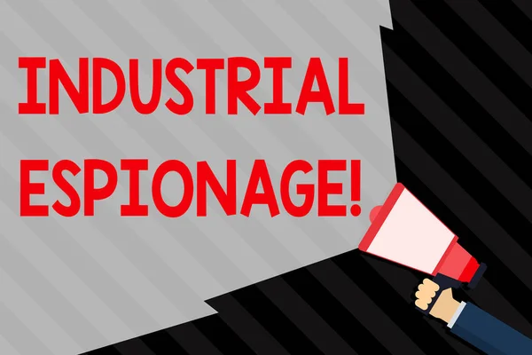 Handwriting text writing Industrial Espionage. Concept meaning form of espionage conducted for commercial purposes Hand Holding Megaphone with Blank Wide Beam for Extending the Volume Range.