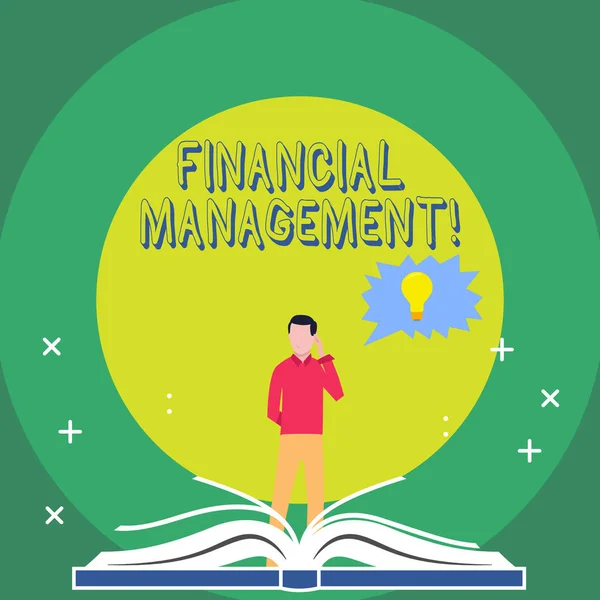 Word writing text Financial Management. Business concept for controlling and monitoring financial resources Man Standing Behind Open Book, Hand on Head, Jagged Speech Bubble with Bulb. — 스톡 사진