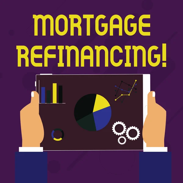 Writing note showing Mortgage Refinancing. Business photo showcasing process of replacement of an existing debt obligation Hands Holding Tablet with Search Engine Optimization on the Screen.