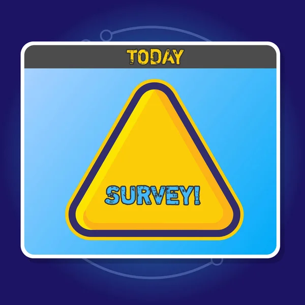 Conceptual hand writing showing Survey. Business photo showcasing research method used for collecting data from a predefined group Yellow Embossed Triangle with Border as Web Button In Screen. — Stock Photo, Image