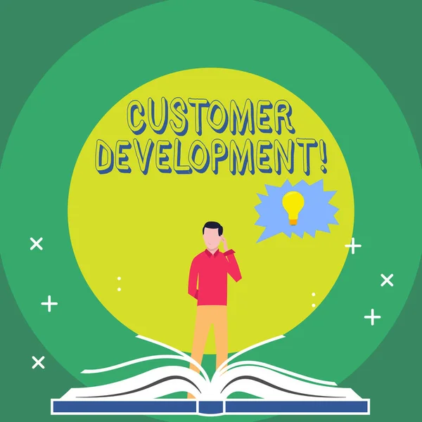 Word writing text Customer Development. Business concept for formal methodology for building business startups Man Standing Behind Open Book, Hand on Head, Jagged Speech Bubble with Bulb. — 스톡 사진