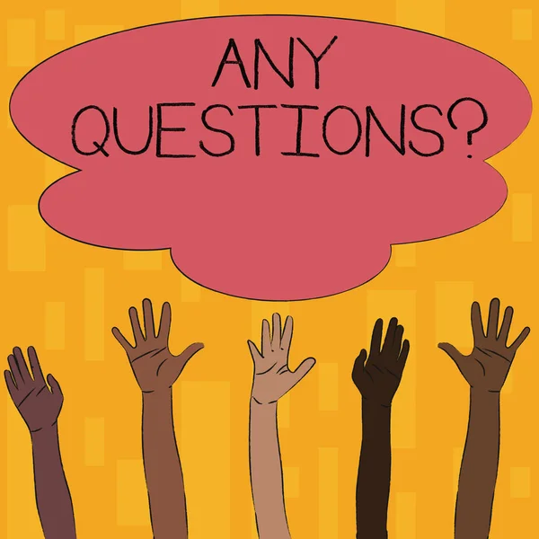 Text sign showing Any Questions Question. Conceptual photo you say write order to ask demonstrating about something Multiracial Diversity Hands Raising Upward Reaching for Colorful Big Cloud. — Stock Photo, Image