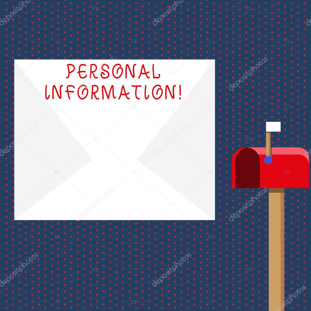 Conceptual hand writing showing Personal Information. Business photo showcasing recorded information about an identifiable individual White Envelope and Red Mailbox with Small Flag Up Signalling.