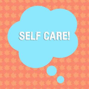 Kendine Bakım 'ı gösteren bir not yazıyorum. İnsan sağlığını korumak ya da iyileştirmek için harekete geçmek için iş fotoğrafı gösterme uygulaması sunum ilanları için Çiçek Şekli Düşünce Baloncuğu.