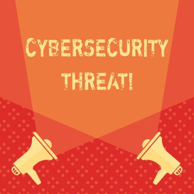 Word writing text Cybersecurity Threat. Business concept for potential to cause serious harm to a computer system Blank Double Spotlight Crisscrossing Upward from Two Megaphones on the Floor.