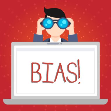 Bias'ı gösteren bir metin işareti. Kavramsal fotoğraf eğim veya önyargı ya da bir gösteren grup Man Holding karşı ve Açık Boş Alan Laptop Ekran Arkasında Dürbün içine bakıyor.