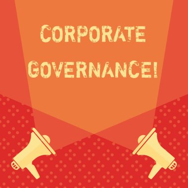 Word writing text Corporate Governance. Business concept for system of processes by which a firm is controlled Blank Double Spotlight Crisscrossing Upward from Two Megaphones on the Floor.