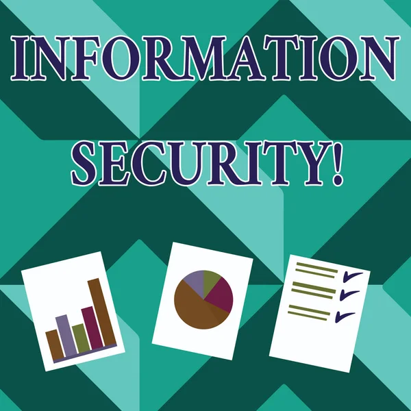Woord schrijven tekst Informatiebeveiliging. Bedrijfsconcept voor bescherming tegen ongeoorloofd gebruik van informatie Presentatie van de grafiekdiagrammen Bar, Data en Pie. — Stockfoto