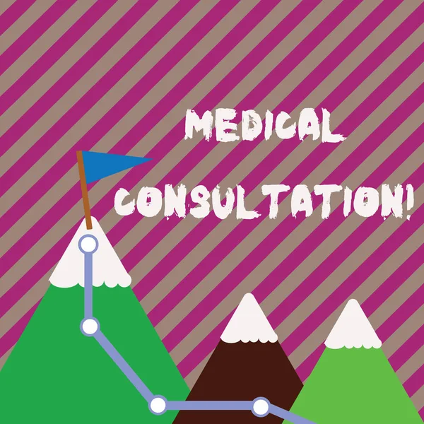 Text sign showing Medical Consultation. Conceptual photo a rendering of medical advice or professional opinion Three Mountains with Hiking Trail and White Snowy Top with Flag on One Peak.