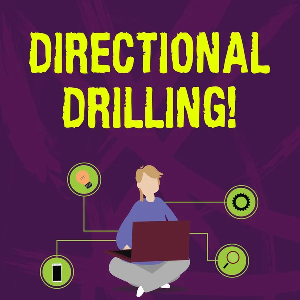 Writing note showing Directional Drilling. Business photo showcasing drilling for oil which the well not drilled vertically Woman Sitting with Crossed Legs on Floor Browsing the Laptop. — Stok fotoğraf