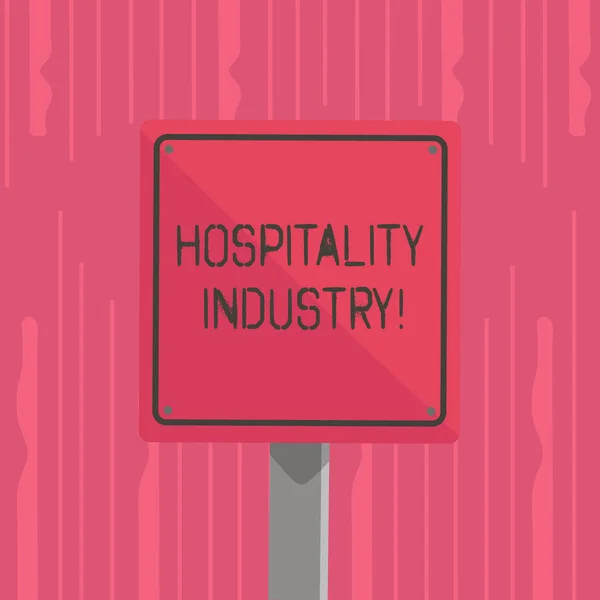 Palavra escrita texto Hospitality Industry. Conceito de negócio para o foco na indústria hoteleira e de alojamento 3D Square Blank Colorido Cuidado Road Sign with Black Border Mounted on Wood . — Fotografia de Stock