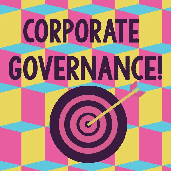 Text sign showing Corporate Governance. Conceptual photo system of processes by which a firm is controlled Color Dart Board in Concentric Style with Arrow Hitting the Center Bulls Eye.