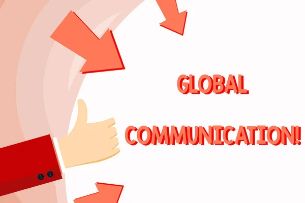 Texto de caligrafia Global Communication. Conceito que significa maneiras de se conectar e mobilizar através de mão geográfica Gesturing Thumbs Up and Holding on Blank Space Round Shape com setas . — Fotografia de Stock