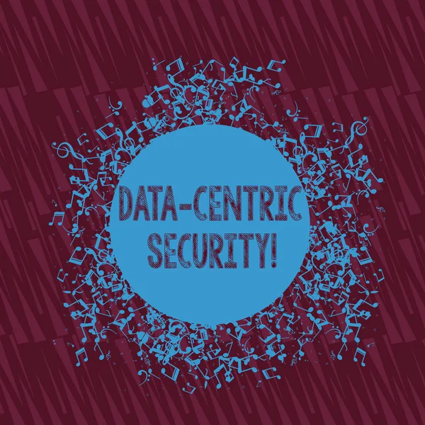 Написання текстів Data Central Security. Концептуальне значення Ідентифікація та захист даних, де б воно не знаходилося Зневірені та переплетені музичні ноти Піктограма навколо порожнього барвистого кола . — стокове фото