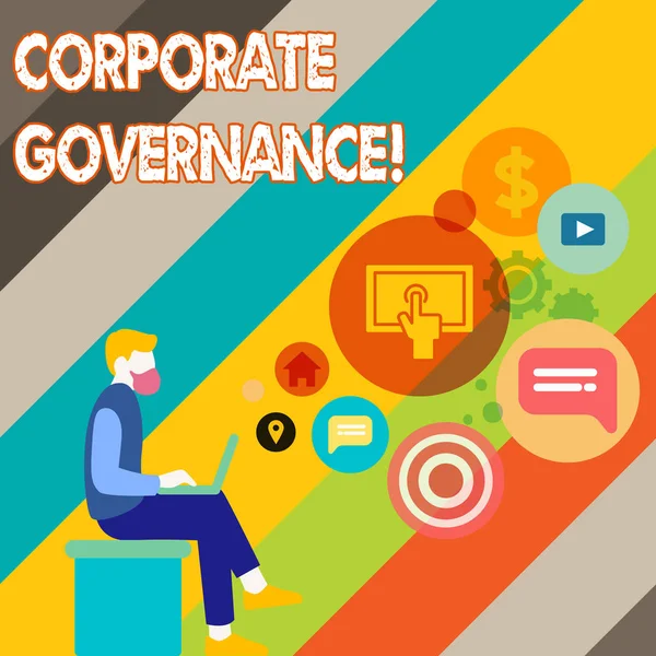 Nota scritta che mostra la Corporate Governance. Business photo showcase sistema di processi con cui un'azienda è controllata Man Sitting with Laptop e SEO Driver Icons on Blank Space . — Foto Stock