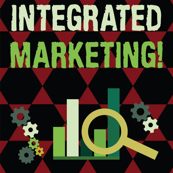 Text sign showing Integrated Marketing. Conceptual photo creating unified and seamless experience for consumers Magnifying Glass Over Bar Column Chart beside Cog Wheel Gears for Analysis.