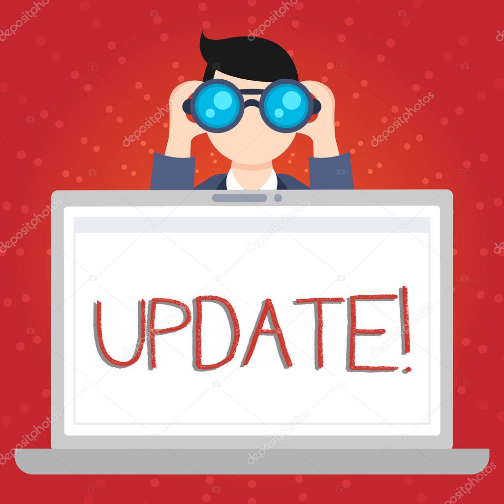 Text sign showing UPDATE. Conceptual photo make something more modern or up to date like software program Man Holding and Looking into Binocular Behind Open Blank Space Laptop Screen.