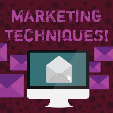 Conceptual hand writing showing Marketing Techniques. Business photo text business s is overall game plan for reaching showing Open Envelope inside Computer Letter Casing Surrounds the PC.