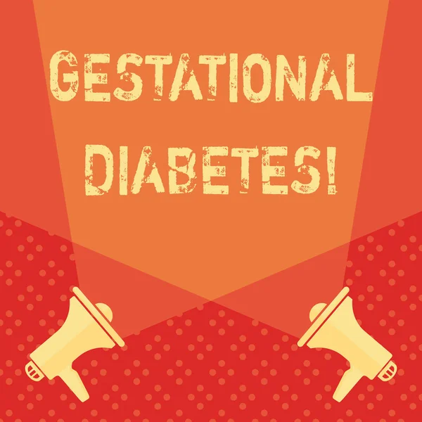 Ordskrivning text Gestationsdiabetes. Affärsidé för förhöjd glukosnivå i blodet under graviditeten Blank Double Spotlight Crisscrossing Uppåt från två megafoner på golvet. — Stockfoto