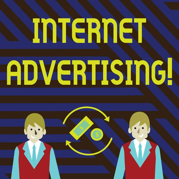 Word writing text Internet Advertising. Business concept for uses the Internet to deliver promotional marketing Money in Dollar Currency Sign Inside Rotating Arrows Between Two Businessmen.