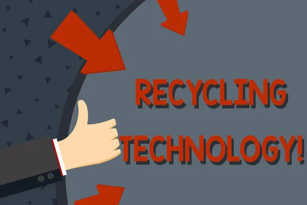 Textschild mit Recycling-Technologie. konzeptionelles Foto der Methoden zur Verringerung fester Abfallmaterialien mit der Hand gestikulierend Daumen hoch und mit Pfeilen auf dem leeren Raum runde Form halten. — Stockfoto