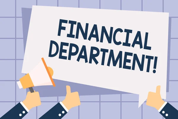 Writing note showing Financial Department. Business photo showcasing part of an organization that analysisages its money Hand Holding Megaphone and Gesturing Thumbs Up Text Balloon. — Stock Photo, Image