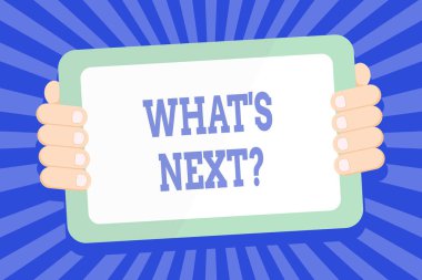 Sonraki Soru Ne Olduğunu gösteren metin işareti. Gadget'ın Arkasından El Boş Ekran ile onun gelen eylem veya davranış Renk Tablet Smartphone hakkında gösteren kavramsal fotoğraf.