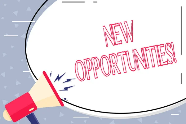 Tekst teken dat nieuwe opportunities weergeeft. Conceptuele foto Exchange views voorwaarde gunstig voor einddoel blanco witte enorme ovale vorm sticker en megaphone schreeuwen met volume pictogram. — Stockfoto