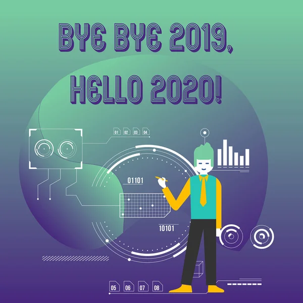 Письмо, показывающее Bye Bye 2019 Hello 2020. Деловое фото, демонстрирующее прощание с прошлым годом и приветствующее еще одного хорошего человека, держащего ручку, указывающую на график Диаграмма SEO-иконки процесса . — стоковое фото