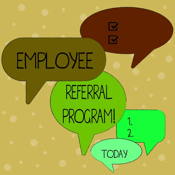 Text sign showing Employee Referral Program. Conceptual photo internal recruitment method employed by organizations Many Color Speech Bubble in Different Sizes and Shade for Group Discussion. — Stock fotografie