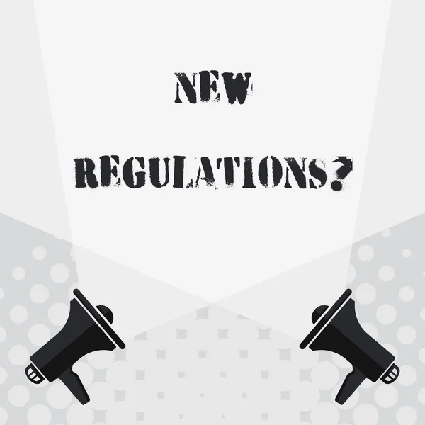 Text sign showing New Regulations Question. Conceptual photo rules made government order control way something is done Blank Double Spotlight Crisscrossing Upward from Two Megaphones on the Floor.