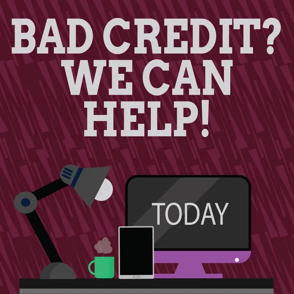 Text sign showing Bad Credit Question We Can Help. Conceptual photo offering help after going for loan then rejected Arrangement of Workspace for Nightshift Worker with Computer,Tablet and Lamp.