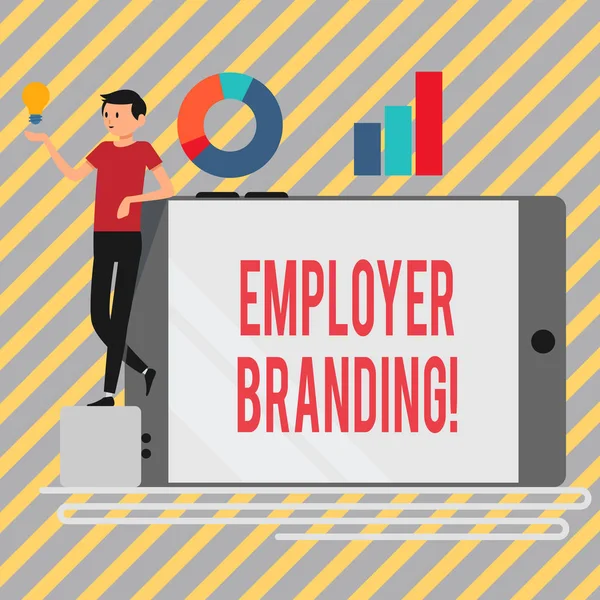 Writing note showing Employer Branding. Business photo showcasing promoting company employer choice to desired target group Man Leaning on Smartphone Turned on Side Graph and Idea Icon.